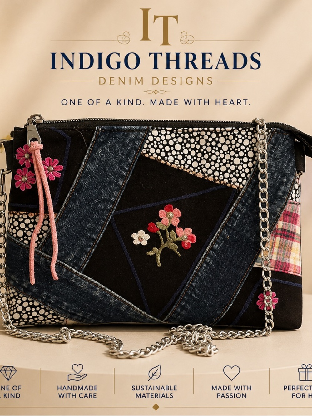 One-of-a-Kind Floral Patchwork Denim Crossbody Bag